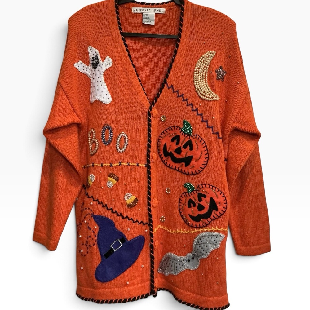Victoria Jones Vintage 90s Halloween Beaded Pumpkin Cardigan Sweater L Rare